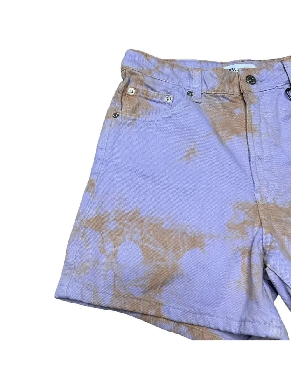 Zara Retro Tie Dye Purple Orange Denim High Rise Baggy Jean Shorts Size US 4